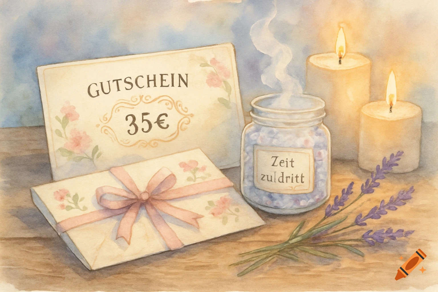 A watercolor illustration of a gift voucher for 35 euros, a jar of bath salts, lit candles, and lavender on a wooden surface.