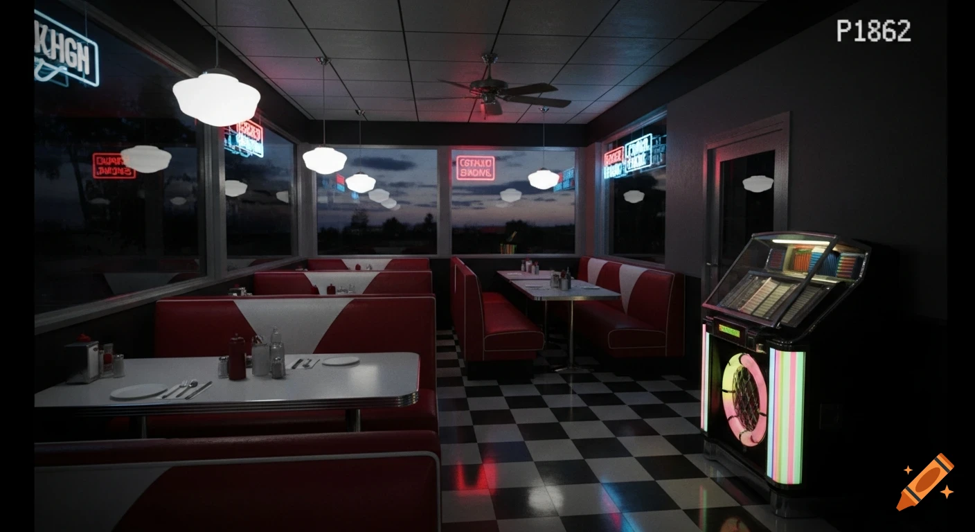 An empty retro diner at dusk, viewed from a CCTV camera perspective, with red and white booths, checkered floor, and neon signs visible through windows.