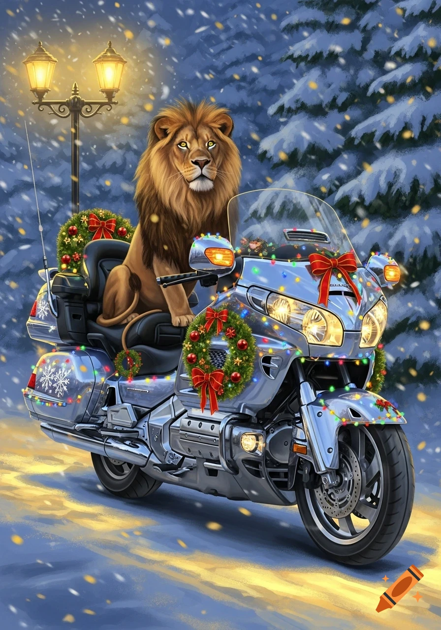 A majestic lion on a Christmas-decorated silver touring motorcycle in a snowy, festive winter scene at night.