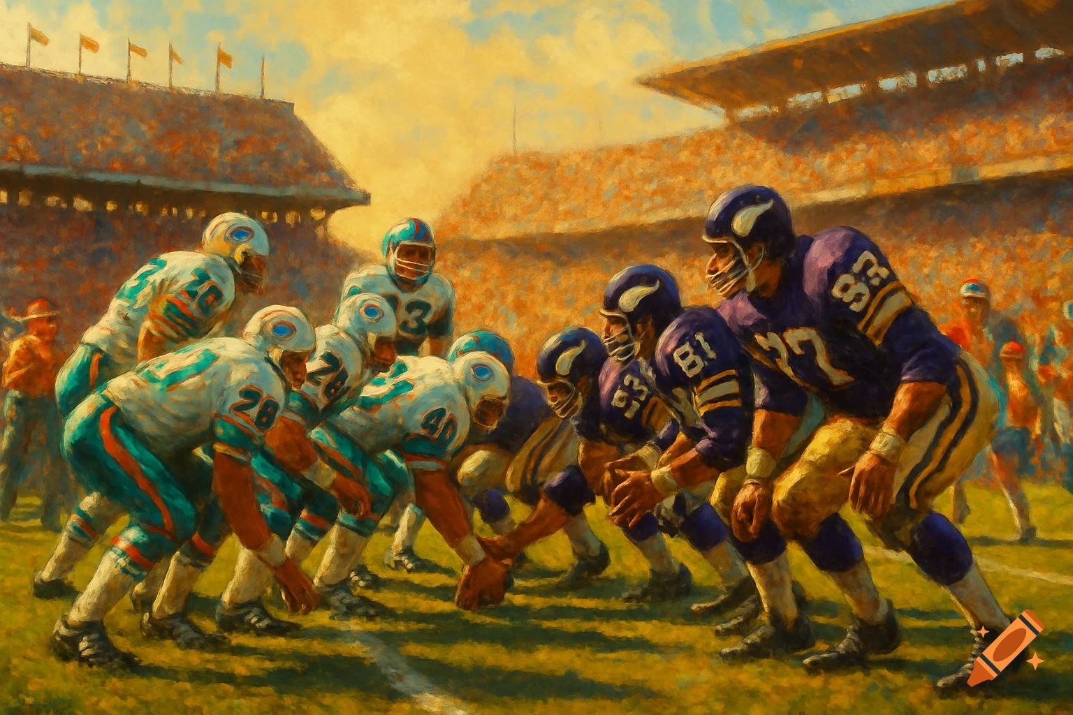An oil painting of an American football game with players in white and purple uniforms facing off on a green field in a stadium under a sunny sky.
