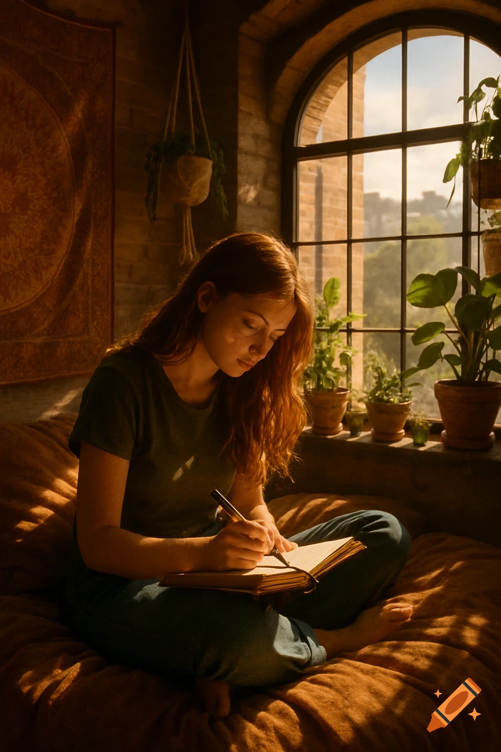 Red-haired woman writing in a notebook, bathed in warm sunlight by a window with potted plants.