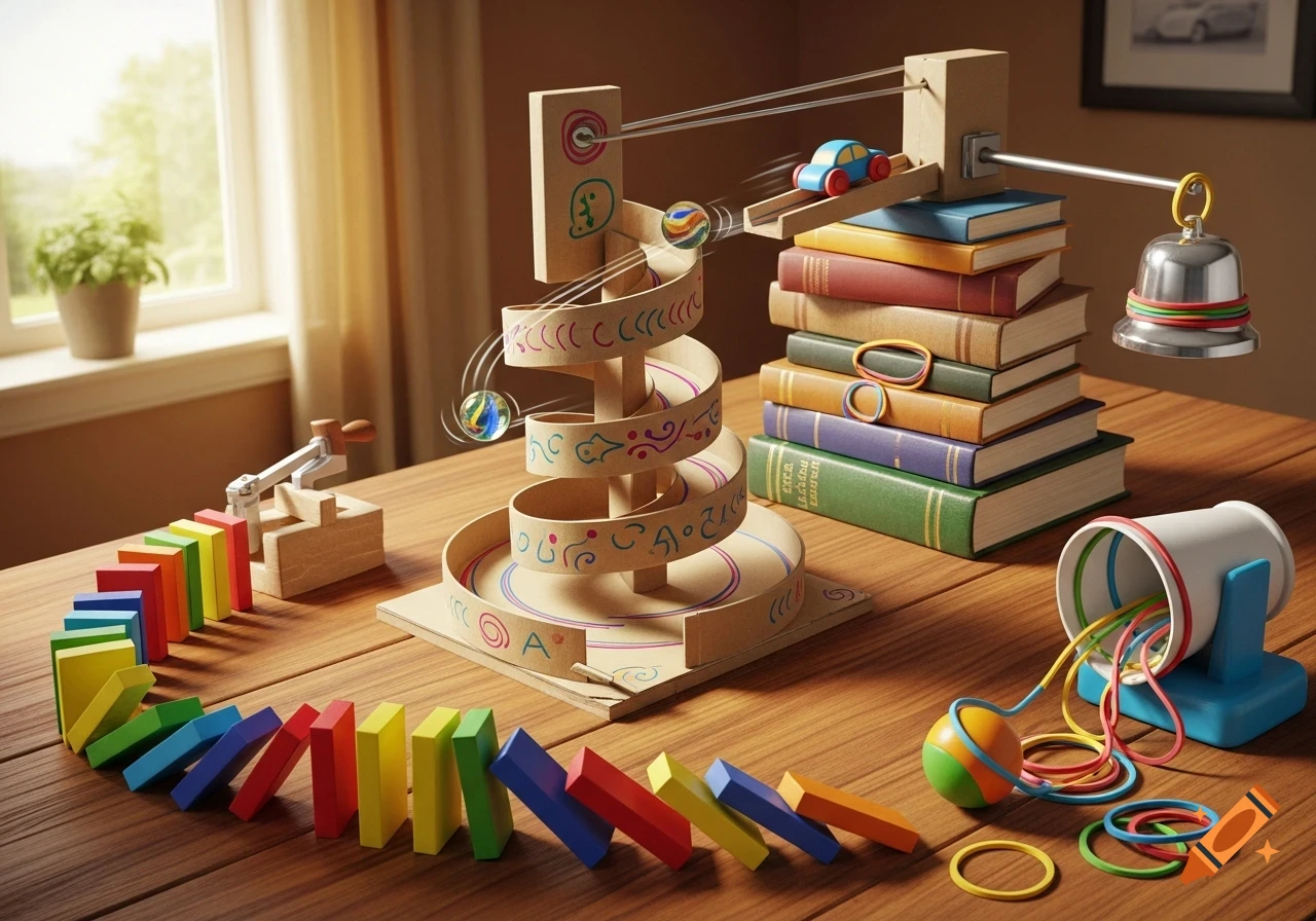 A Rube Goldberg machine with dominoes, marbles, a toy car, books, a bell, and rubber bands on a wooden table.