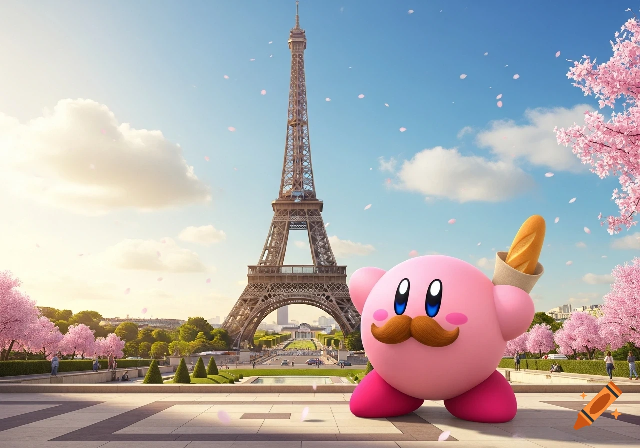 Pink Kirby with a mustache and baguette stands before the Eiffel Tower, amidst cherry blossoms and falling petals.