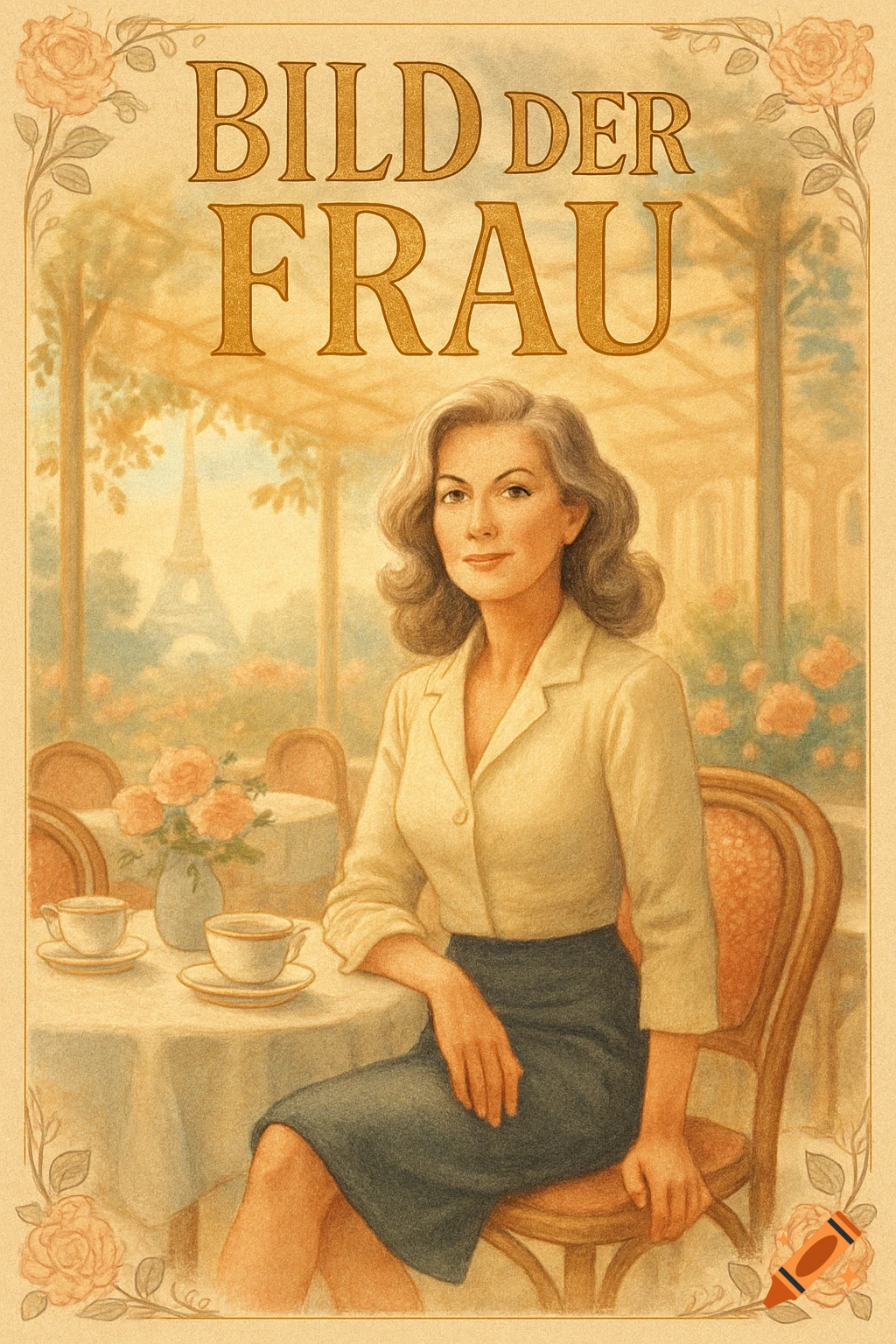Vintage illustration of a woman sitting at a cafe table in Paris, with "BILD DER FRAU" text above.