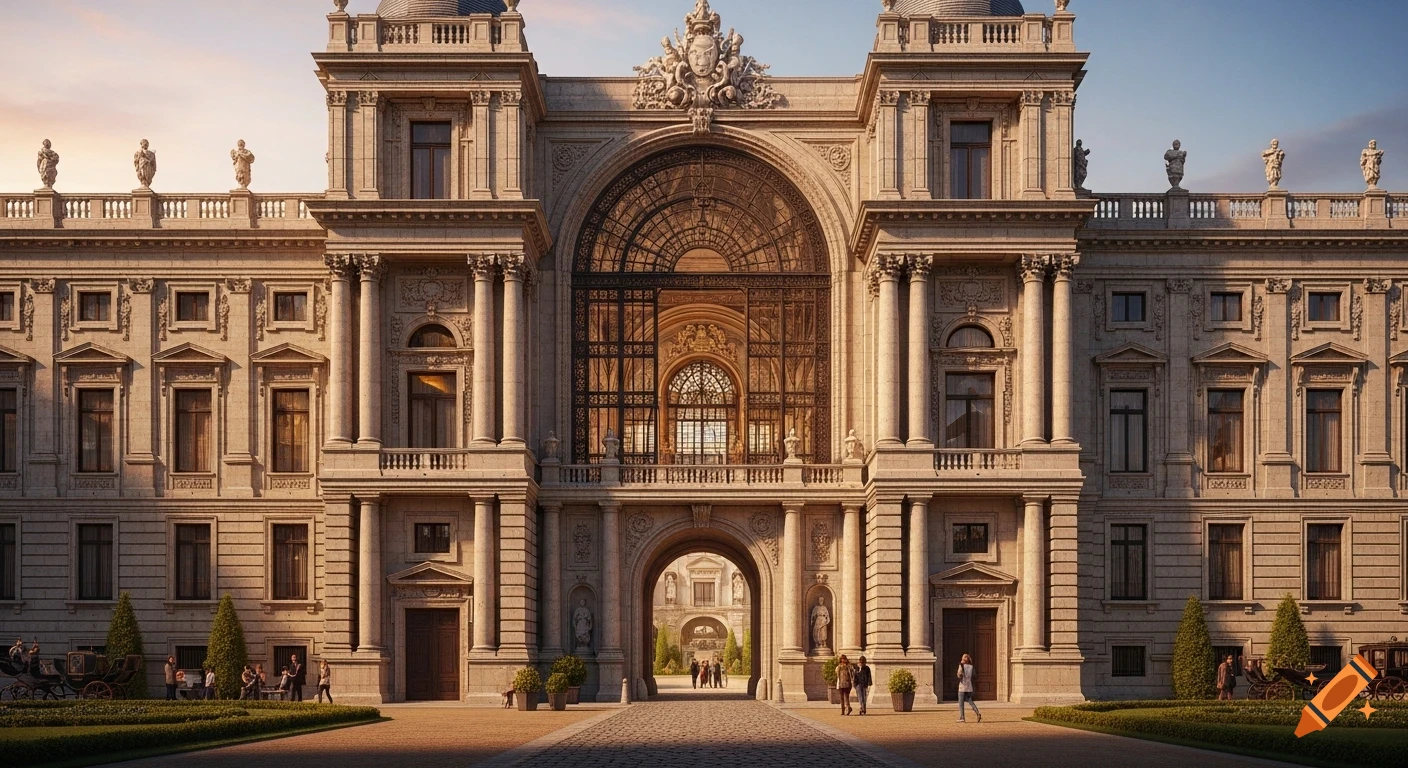 A majestic neoclassical royal library with a grand arched entrance, intricate facade details, and a large arched window, set in a sunny courtyard with people walking.