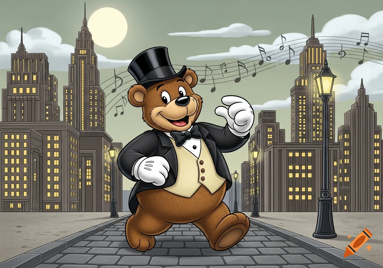 A cheerful 1920s cartoon bear in a tuxedo and top hat dances on a cobblestone street in a city with musical notes.