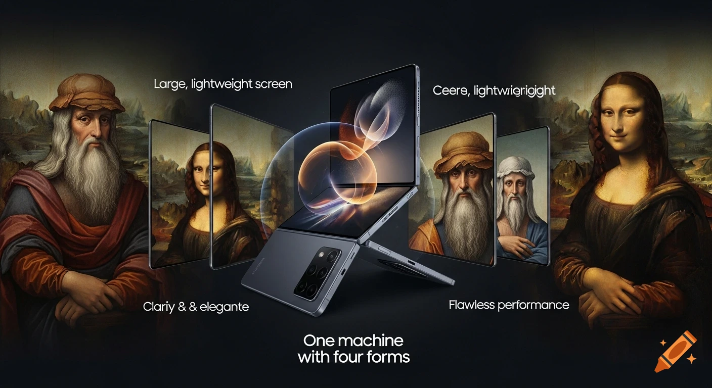 A modern foldable smartphone displayed against a dark background, surrounded by classic Renaissance portraits including Mona Lisa and Leonardo da Vinci, with text highlighting product features.