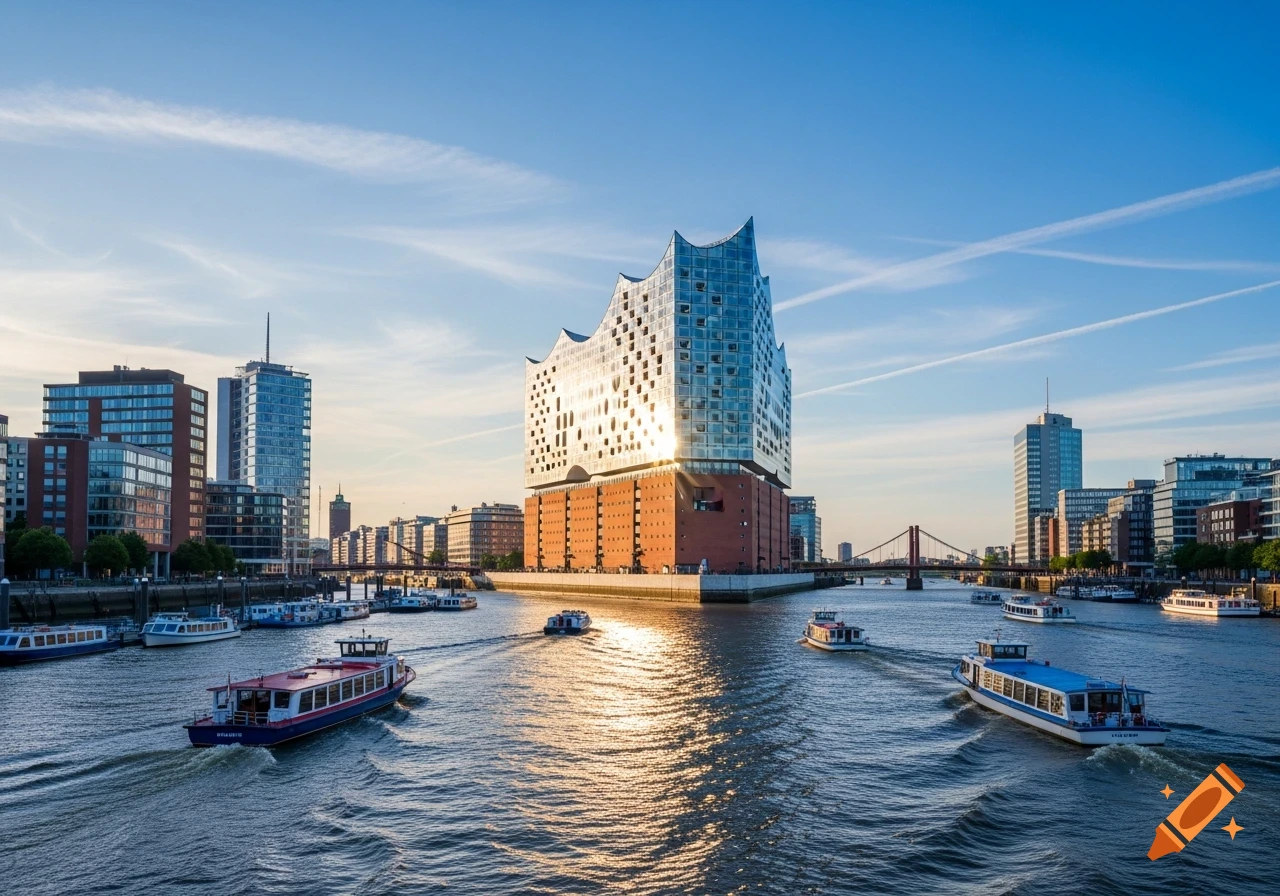 Photorealistic view of the Elbphilharmonie and other buildings along a river with several boats under a clear blue sky.