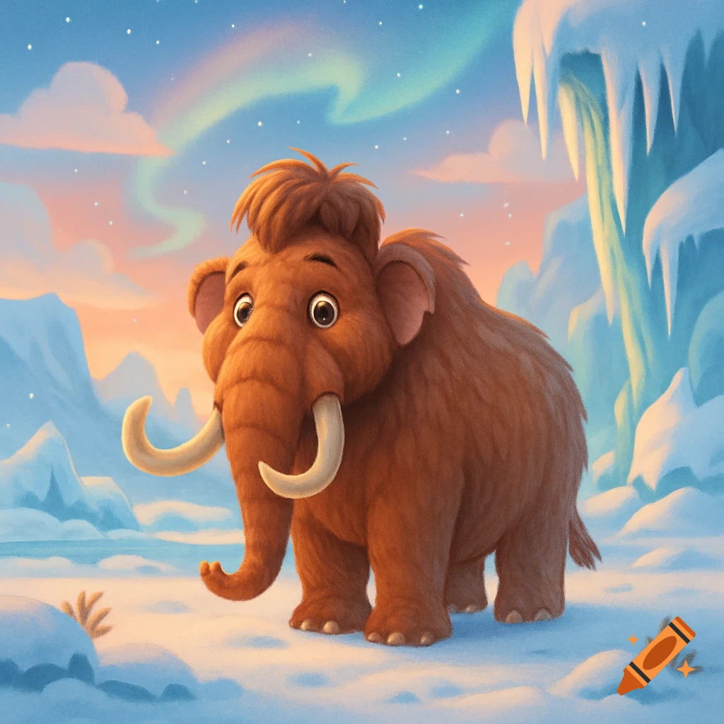 A cute, fluffy cartoon mammoth stands in a snowy, icy landscape under an aurora-lit sky, in Disney Pixar style.