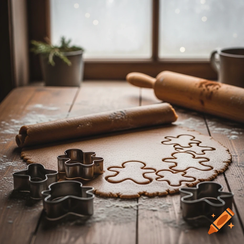 Gingerbread dough on a wooden table with gingerbread men cutouts, metal cookie cutters, and rolling pins. Snow outside window.