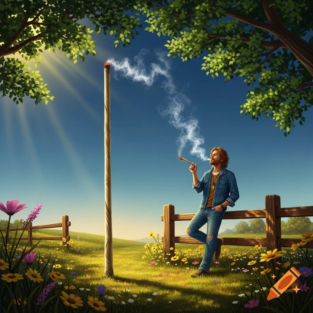 A man in a denim jacket smokes a spliff in a sunny field with wildflowers, leaning on a fence next to a giant smoking pole, under a tree.