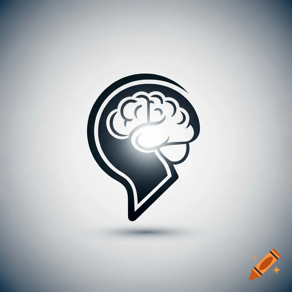 Stylized black icon of a human head in profile with a glowing white brain inside, on a gradient gray background.