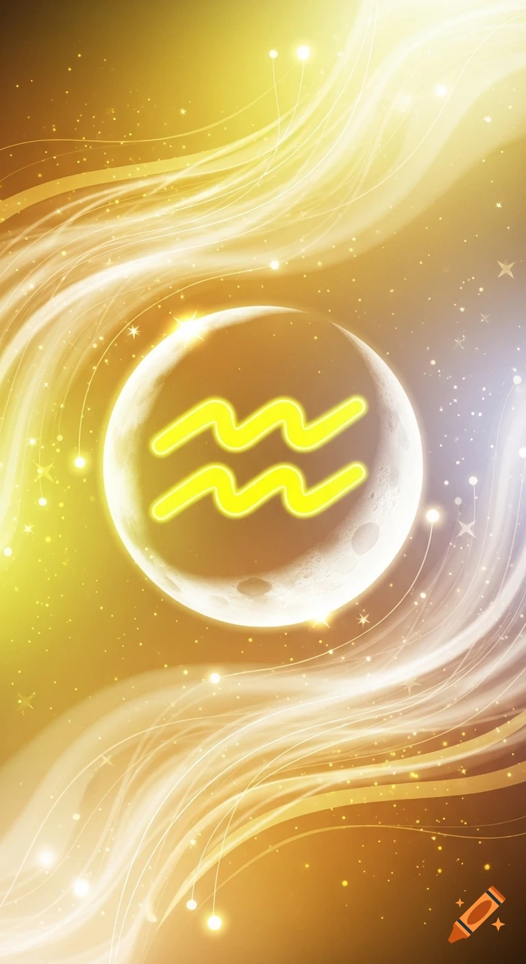 Glowing yellow Aquarius zodiac symbol on a crescent moon amid swirling golden cosmic energy waves and sparkling stars.