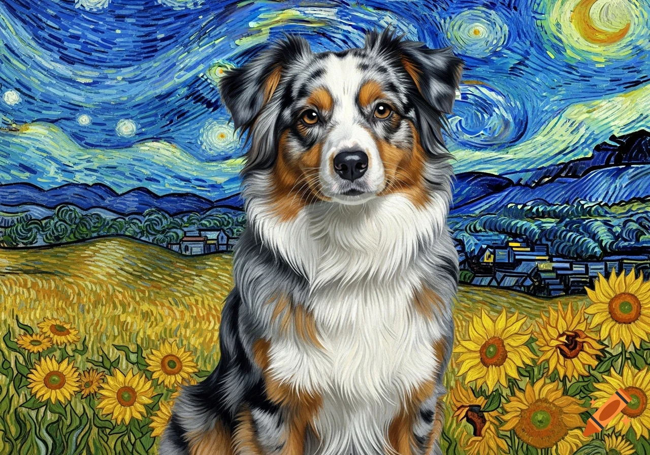 A mini Australian shepherd sits in a field of sunflowers under a swirling, starry sky in the style of Van Gogh.