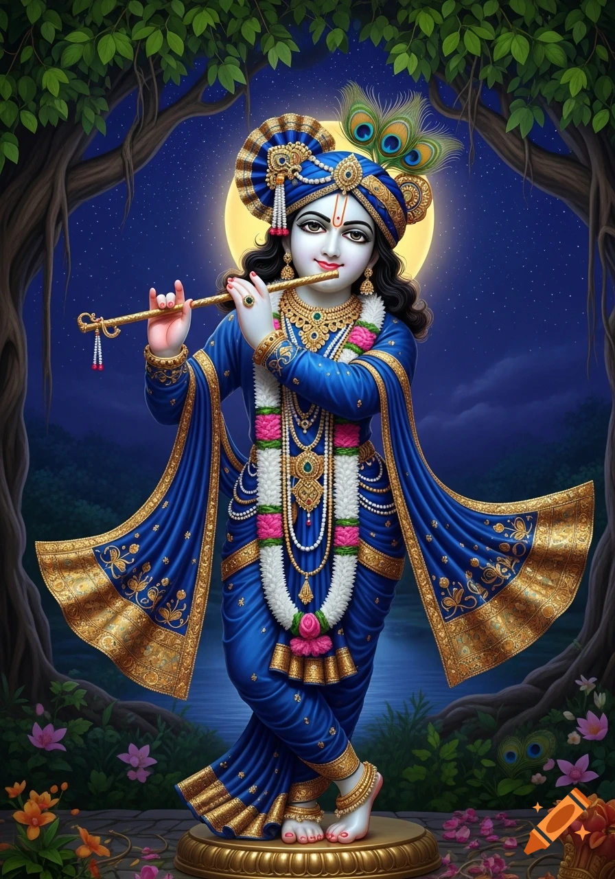 Lord Krishna playing a flute under a full moon in a lush forest at night, adorned in blue and gold attire.