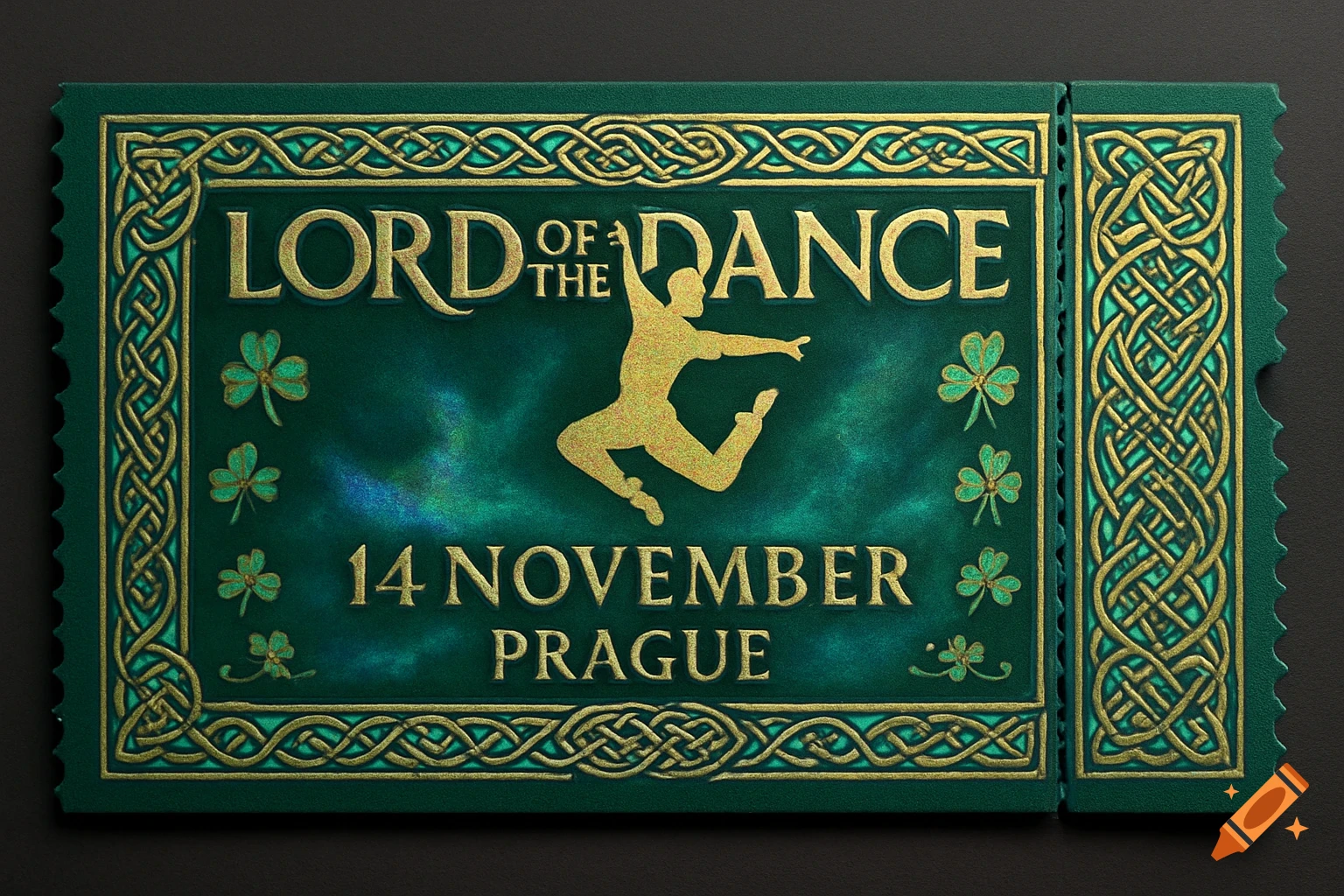 A green and gold concert ticket for 'Lord of the Dance' with Celtic knotwork, shamrocks, and a dancer's silhouette.