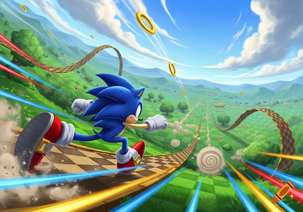 Sonic the Hedgehog speeds across a checkered path in a vibrant green landscape with floating gold rings under a blue sky.