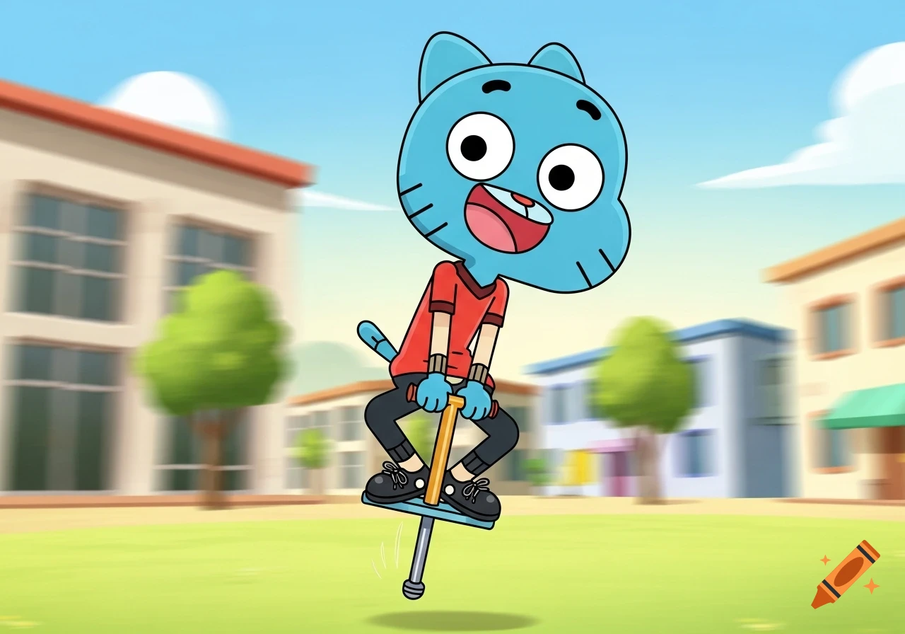 Gumball Watterson, a blue cat in a red shirt, jumps on a pogo stick outdoors with blurred buildings in the background, in a cartoon style.
