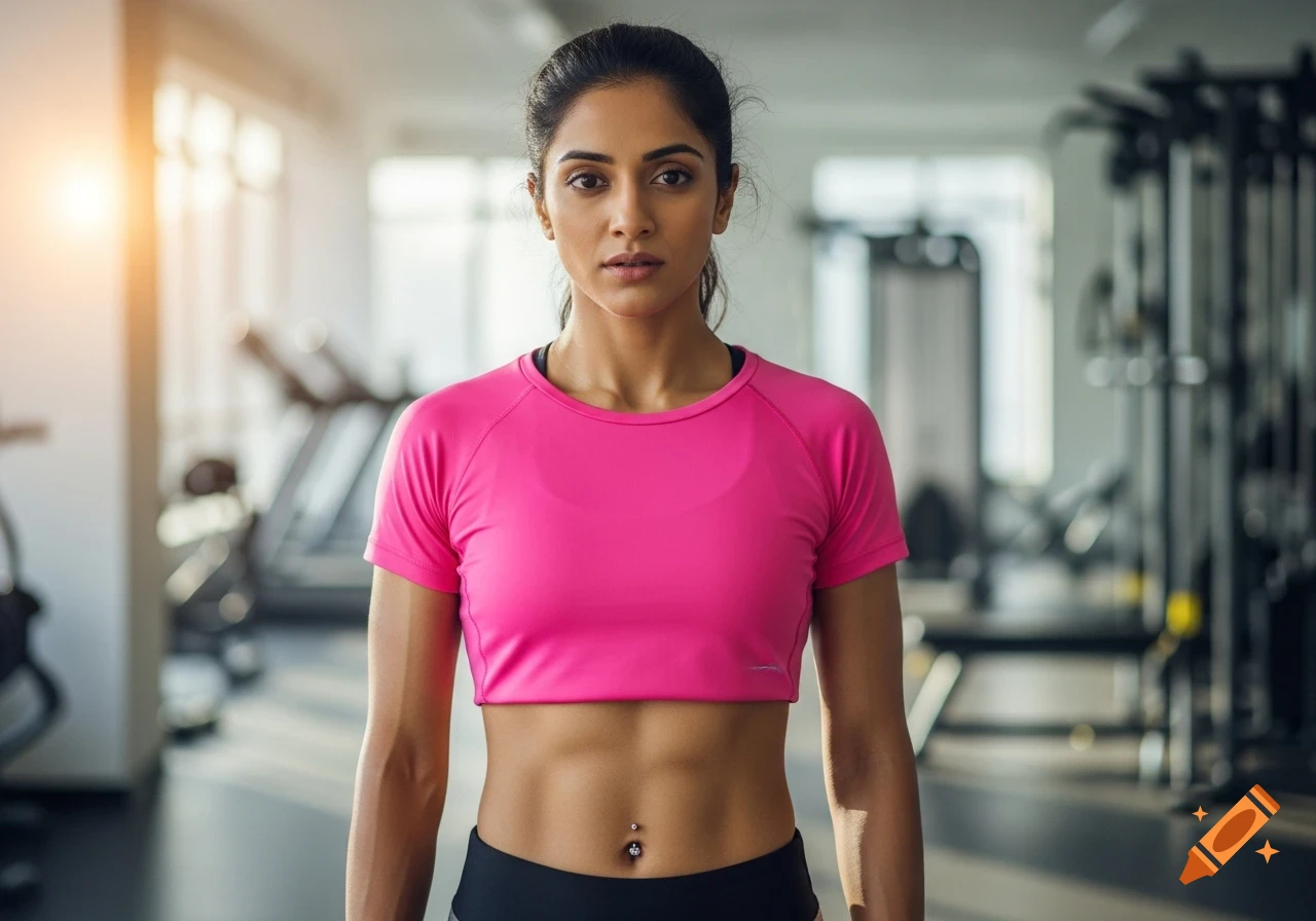 Fit Indian woman in a pink cropped athletic t-shirt, showing subtle abs and a belly button piercing in a gym.