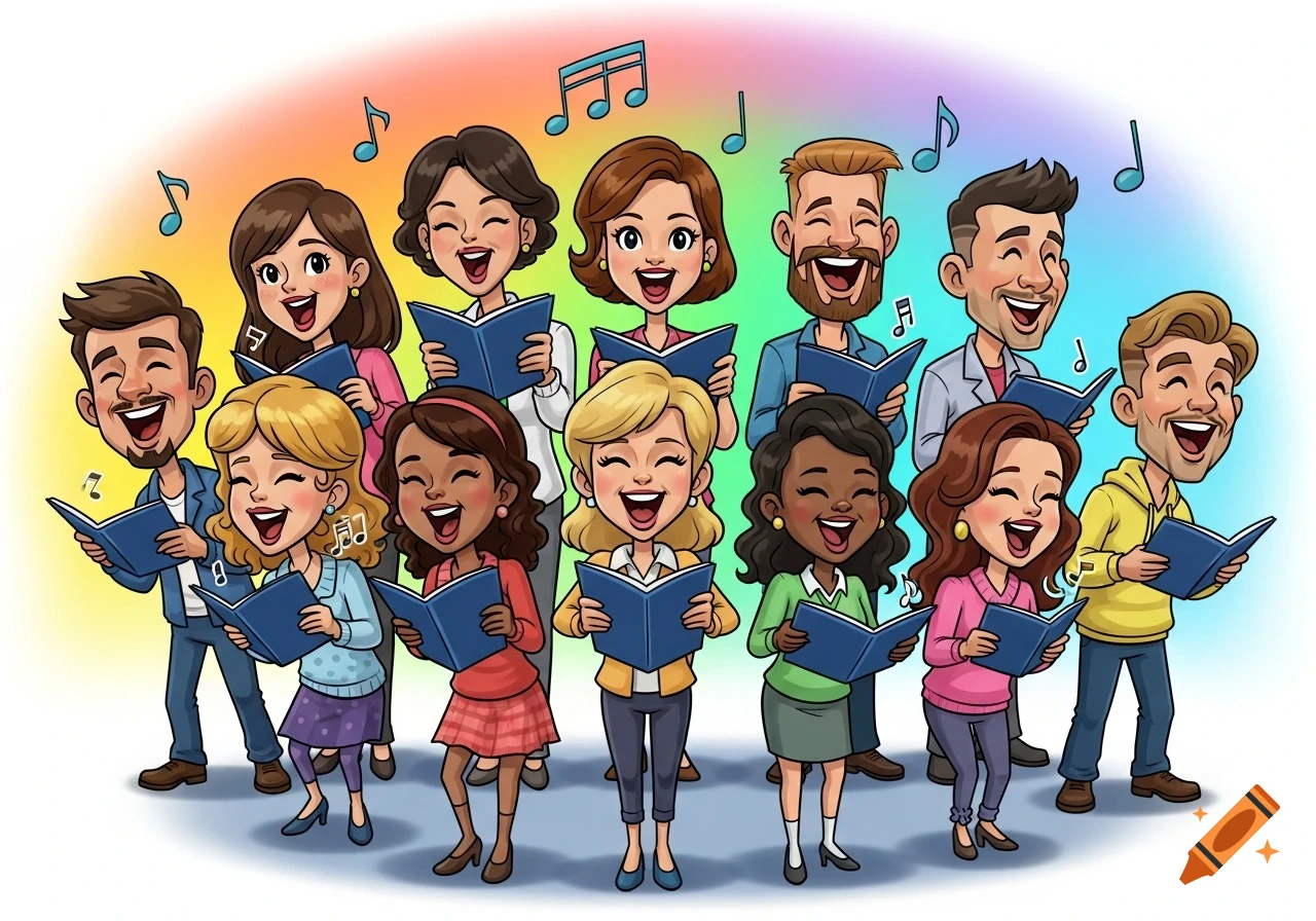 Cartoon illustration of a diverse choir of men and women singing from songbooks with musical notes floating around them.