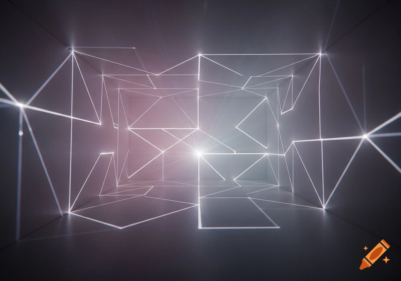 A dark room with glowing white geometric lines forming triangles and rectangles, like a laser grid, with a central light source.