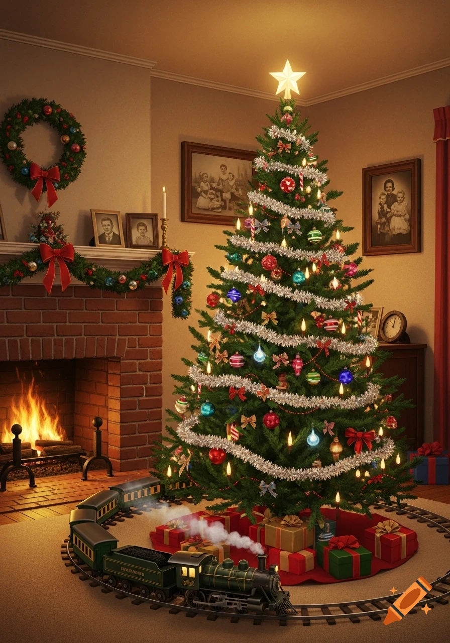 A warmly lit living room with a fully decorated Christmas tree, a crackling fireplace, and a vintage toy train on tracks.