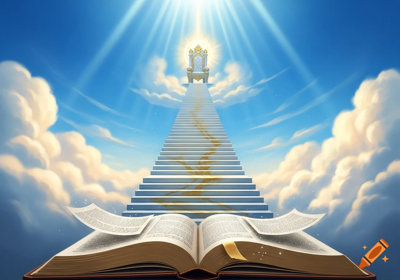 A majestic staircase ascends from an open bible through clouds to a golden throne under bright light rays in a blue sky.