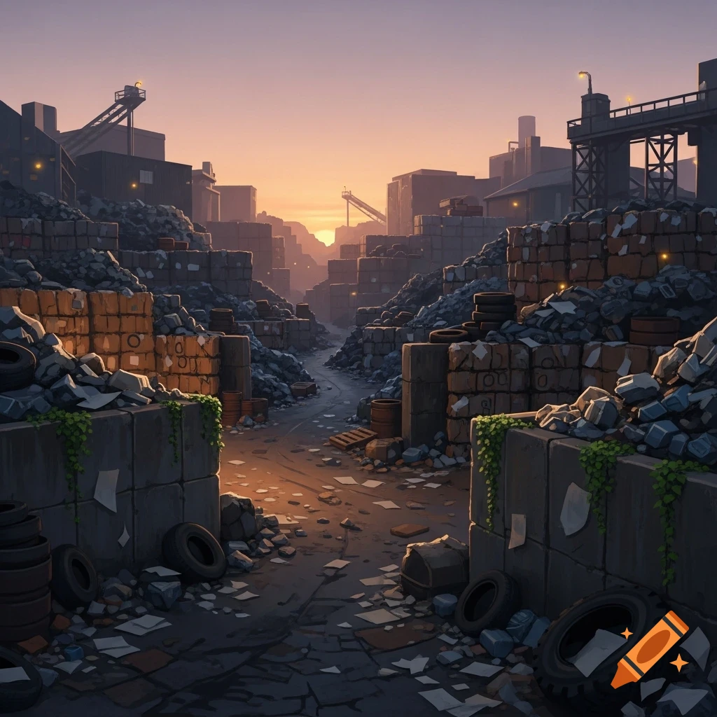 A path winding through a vast industrial junkyard filled with piles of rubble, tires, and concrete blocks, under a sunset sky.