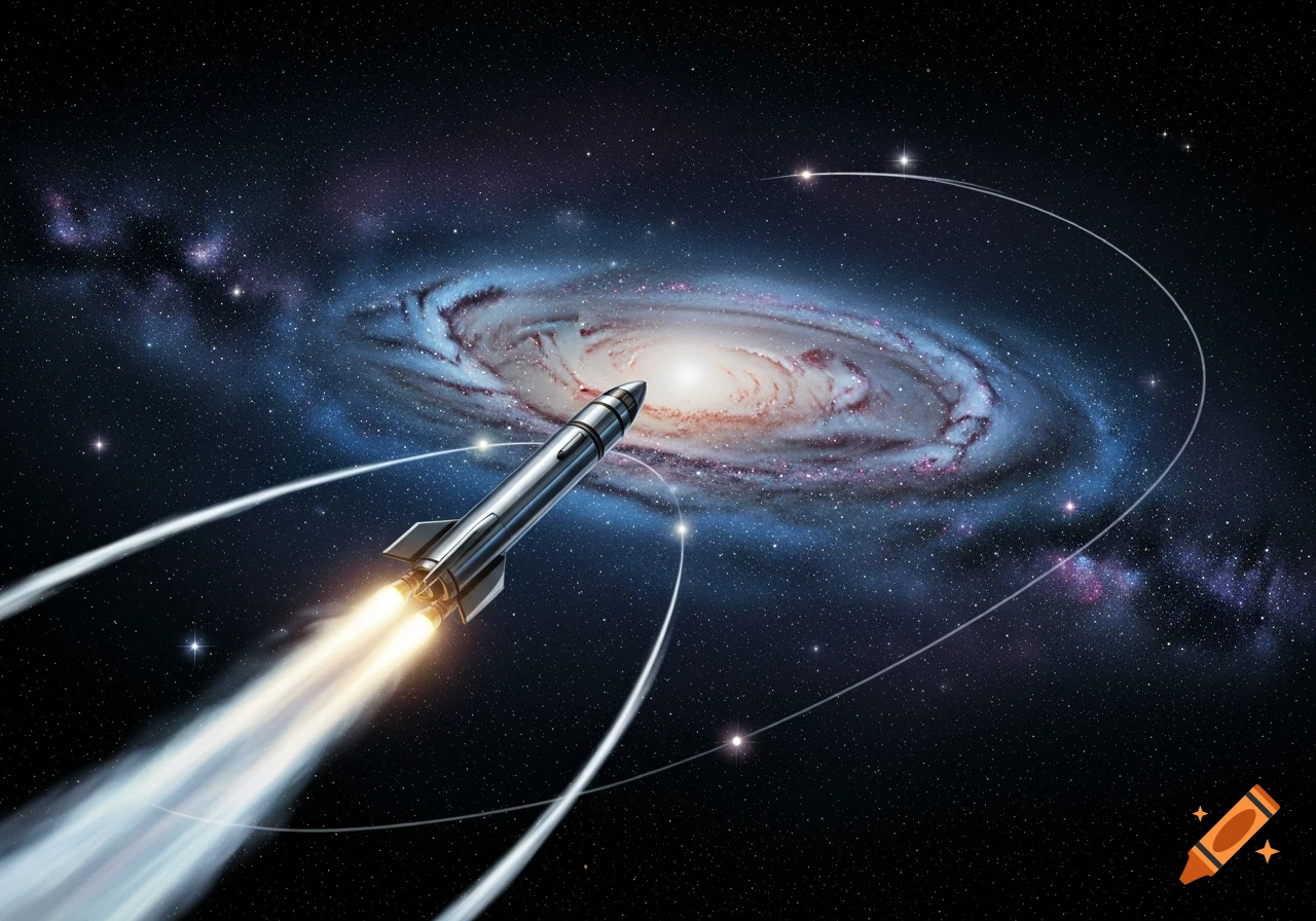A silver rocket with fiery engines flies through deep space, leaving white trails, with a vibrant spiral galaxy in the background.