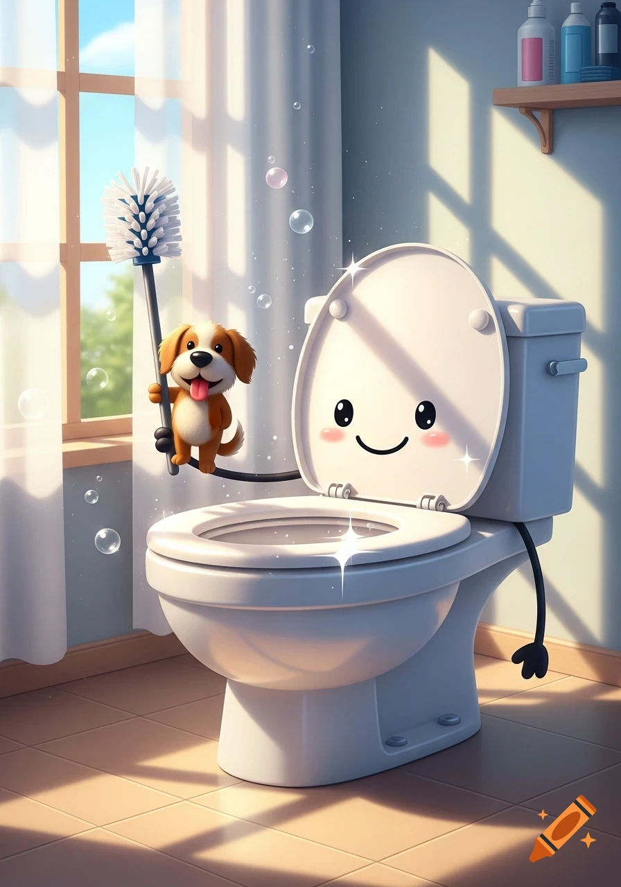 A happy cartoon toilet with a smiling face and arms, alongside a cheerful cartoon dog holding a toilet brush in a bright bathroom.