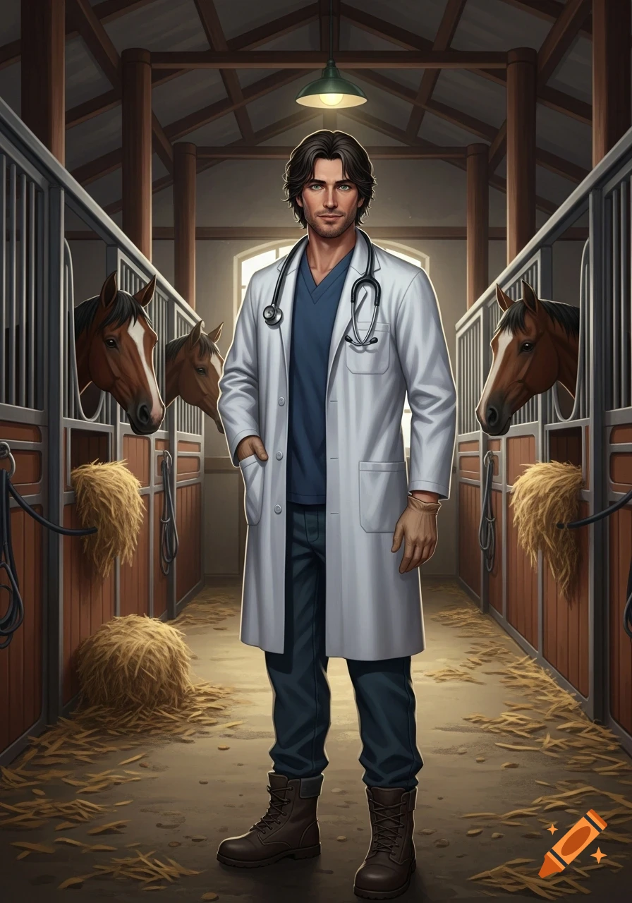 A male veterinarian with a stethoscope stands in a barn aisle, with horses looking out from their stalls, in a digital art style.