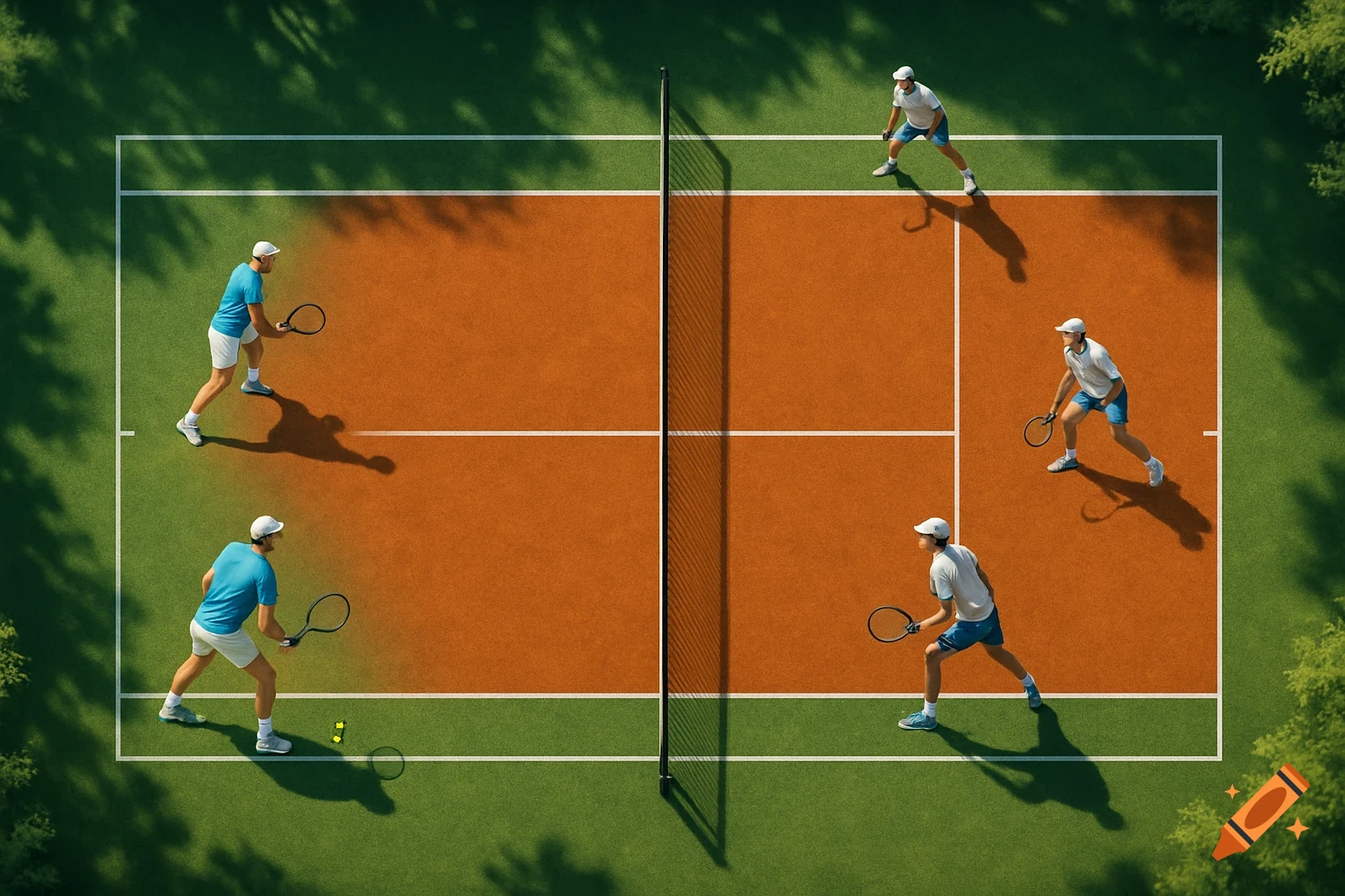 An overhead view of a tennis court with four male players engaged in a match.