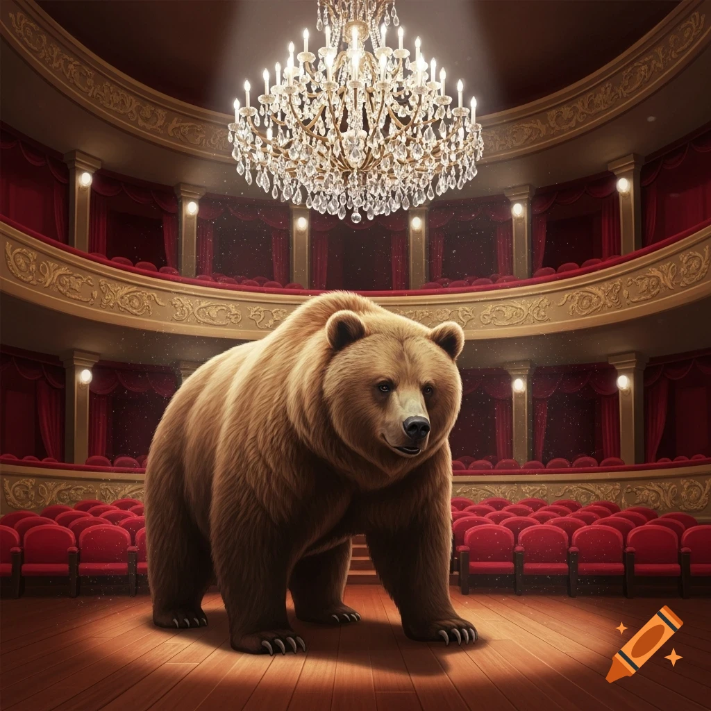 A large brown bear stands center stage in an opulent, empty theatre with red seats and a grand crystal chandelier.