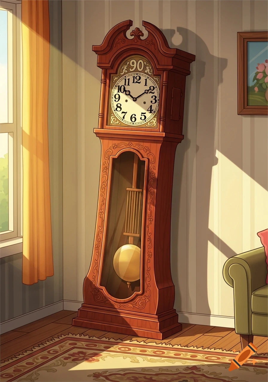 A cartoon grandfather clock with '90' on its face stands in a sunlit room next to a window and green armchair.