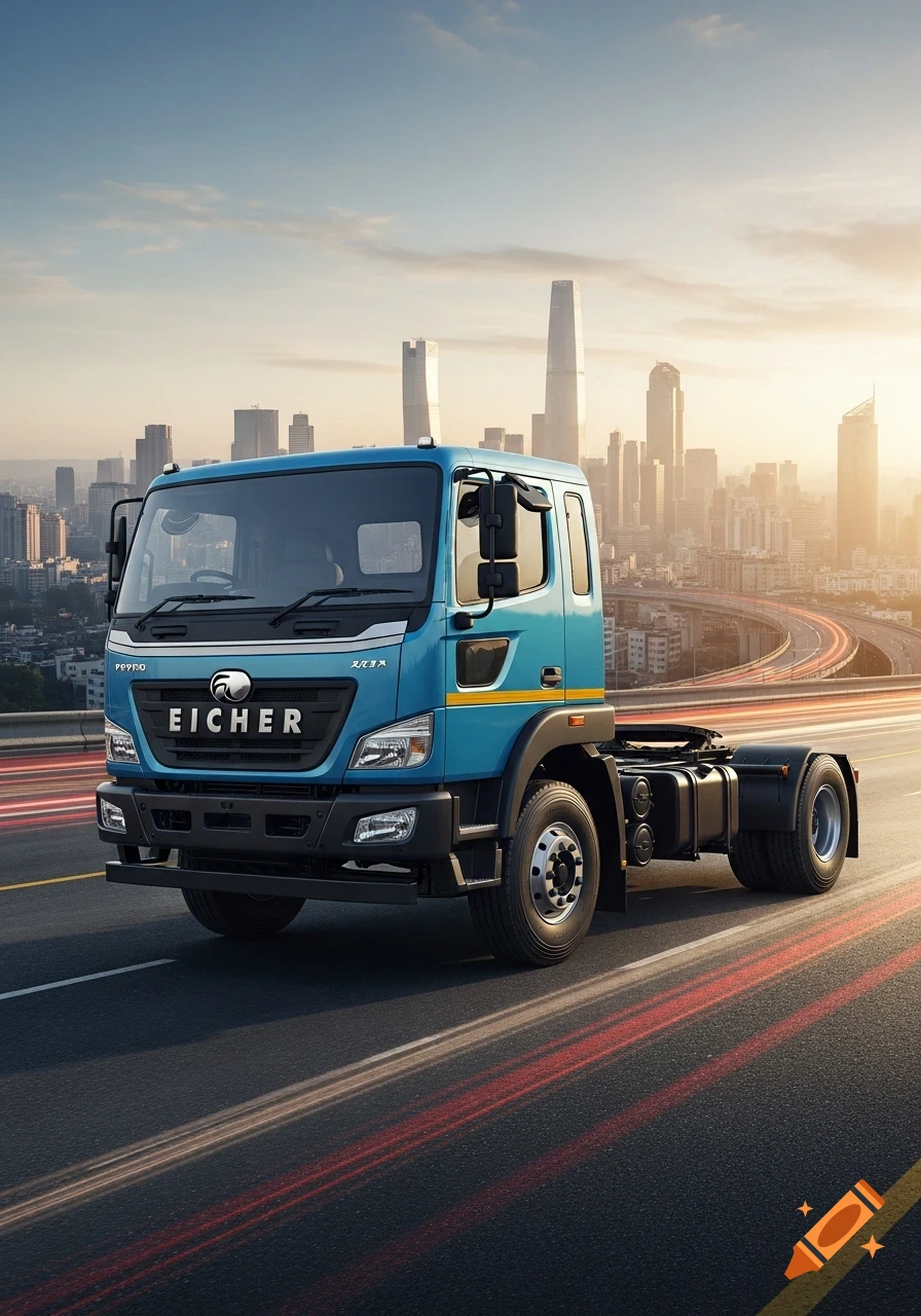 A photorealistic image of a blue Eicher truck on a city road with light trails, against a skyline at sunset.