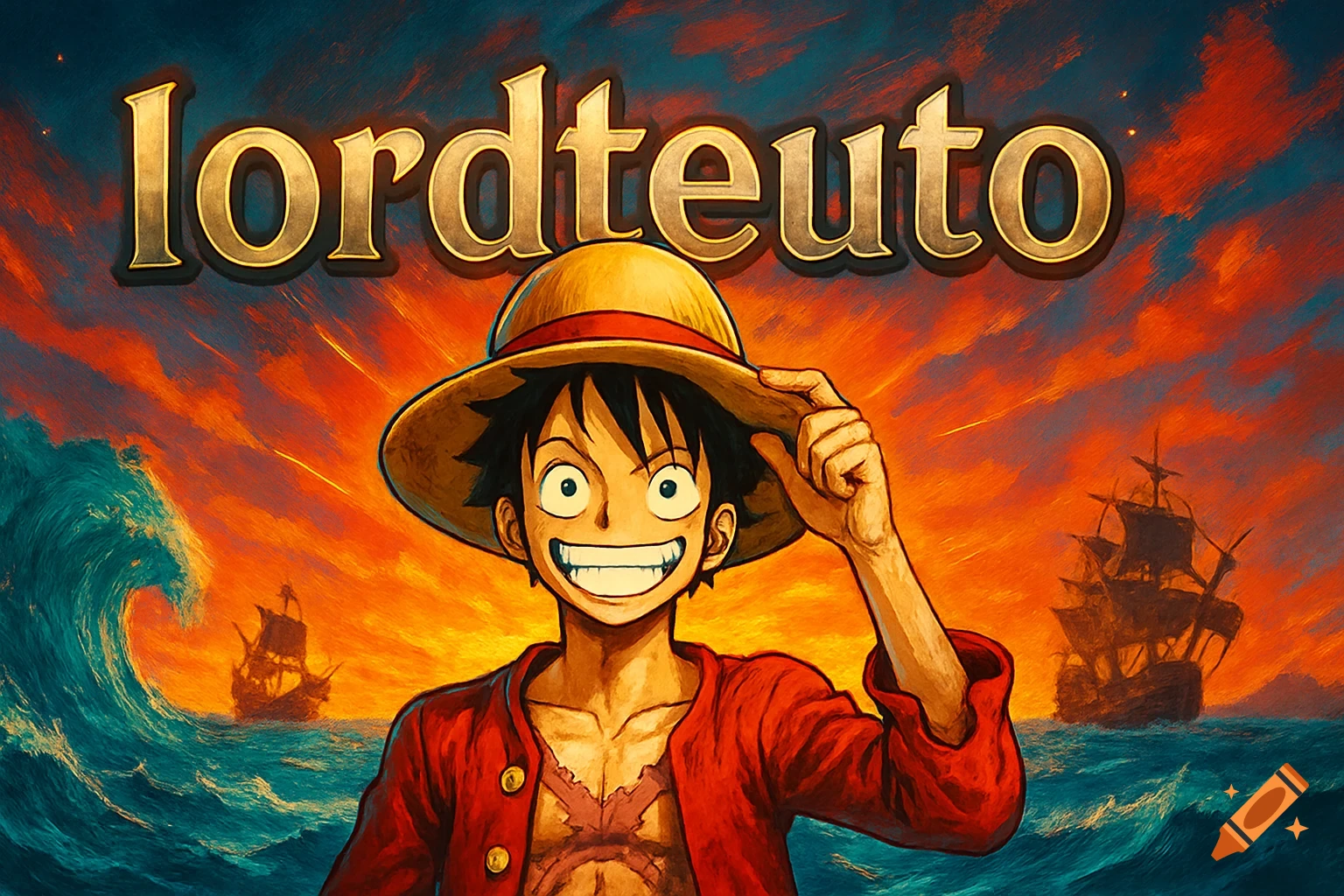 Anime style illustration of Monkey D. Luffy smiling, holding his straw hat on a wavy sea with pirate ships against a fiery sunset. 'lordteuto' text at top.