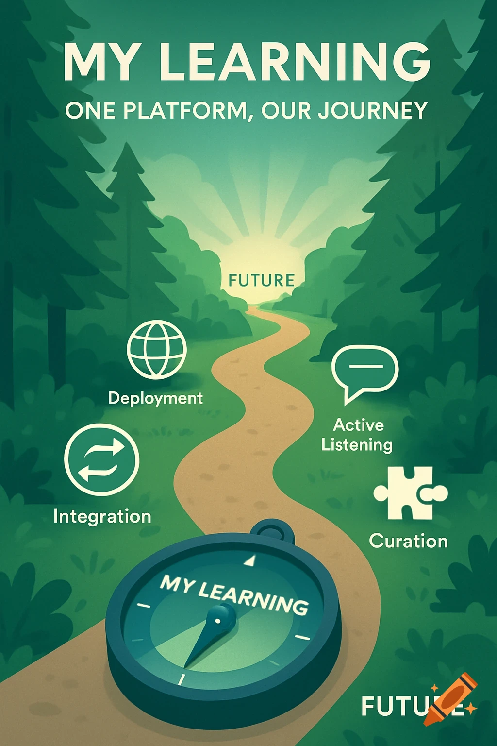 An illustration of a forest path leading to a bright clearing with text "MY LEARNING. ONE PLATFORM, OUR JOURNEY." Various icons with text like "Deployment," "Integration," "Active Listening," and "Curation" are along the path, with a compass displaying "MY LEARNING" at the foreground.