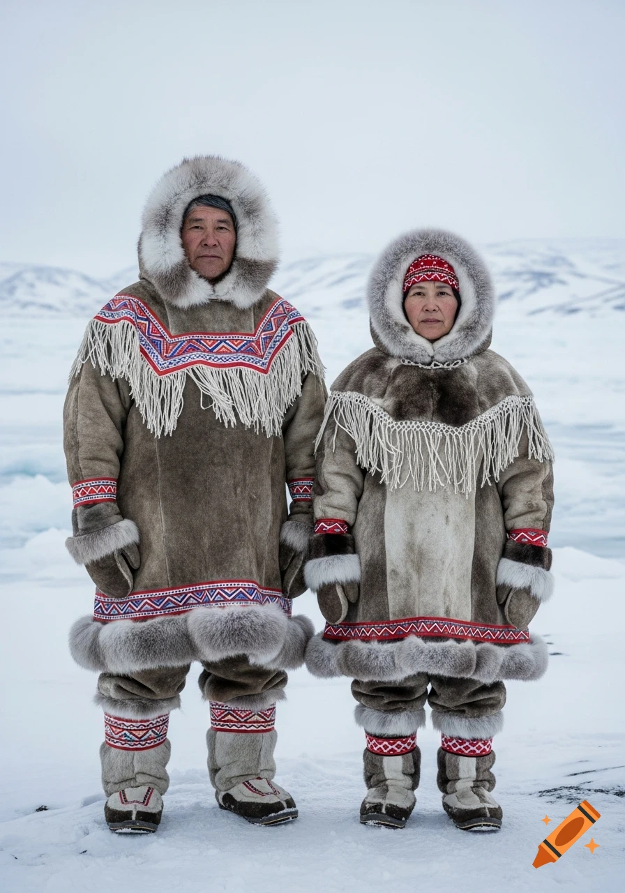 Two Inuit people in traditional fur and animal skin clothing with patterns, standing side by side in a snowy Arctic landscape.