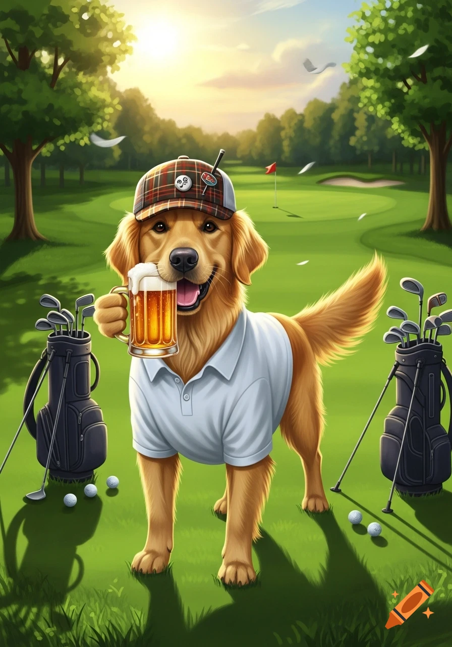 A happy golden retriever in a golf cap and polo shirt holds a beer mug on a golf course, cartoon style.