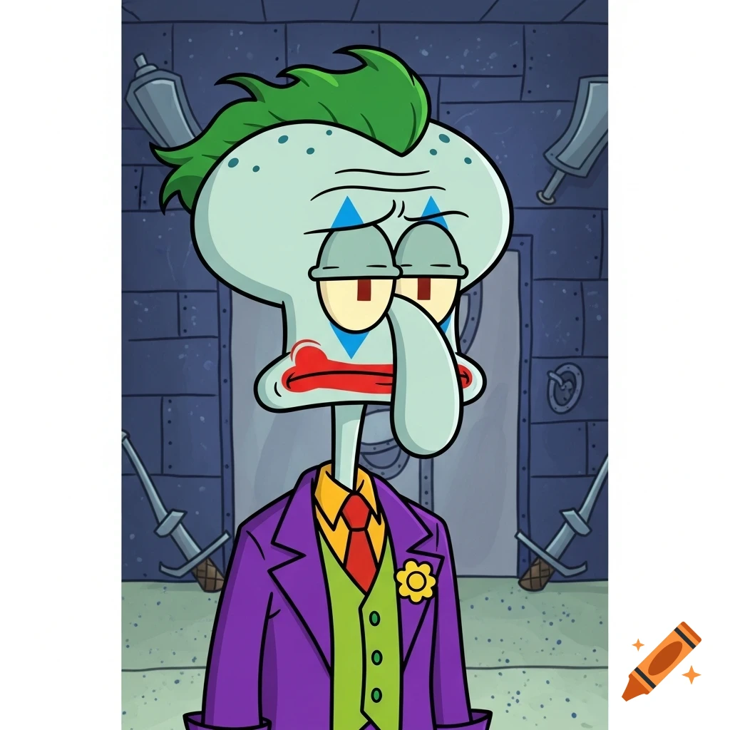 Cartoon Squidward Tentacles dressed as the Joker, with green hair, red lips, and a purple suit, against a dark, industrial background.