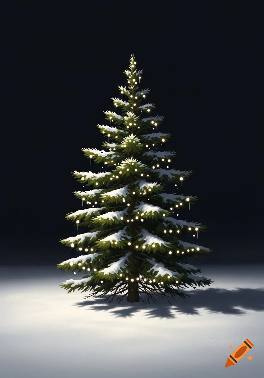 A snow-covered Christmas tree with warm white lights glowing against a dark, snowy background.