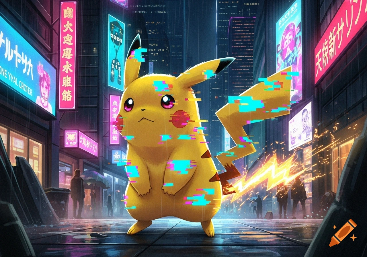 Pikachu with glitch effects stands in a rainy, neon-lit cyberpunk city at night.