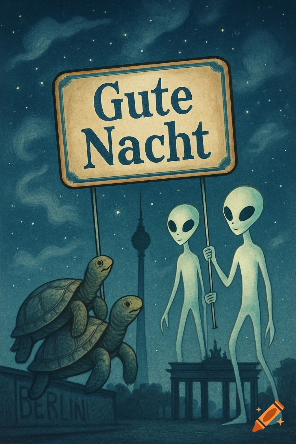 Two aliens and turtles with 'Gute Nacht' and 'BERLIN' signs in front of the Brandenburg Gate and Berlin TV Tower at night, illustration.
