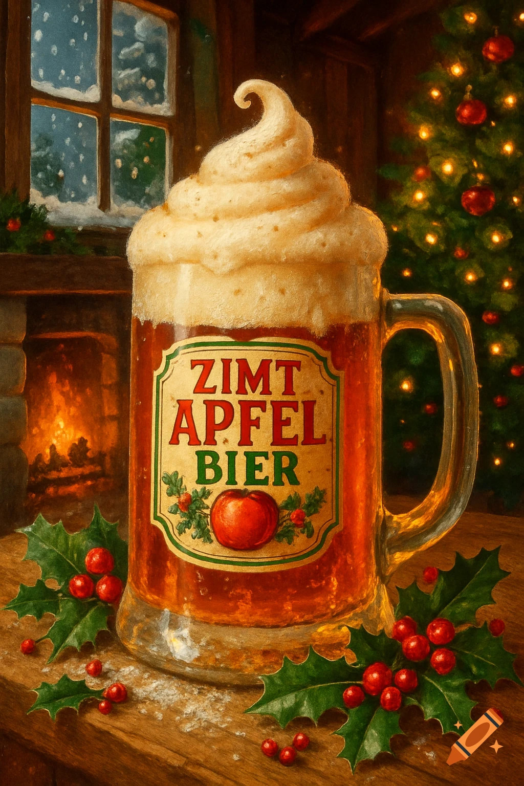 A festive mug of 'ZIMT APFEL BIER' with whipped cream and holly on a wooden table, set against a cozy Christmas scene with a fireplace and tree.