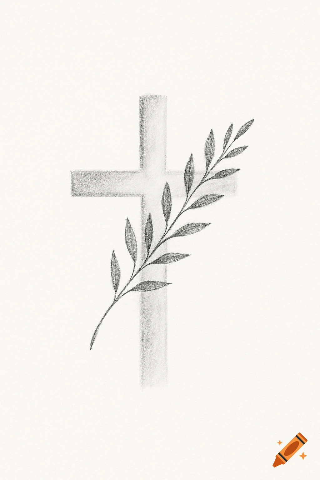 Pencil drawing of a minimalist cross with a diagonal olive branch on a white background.