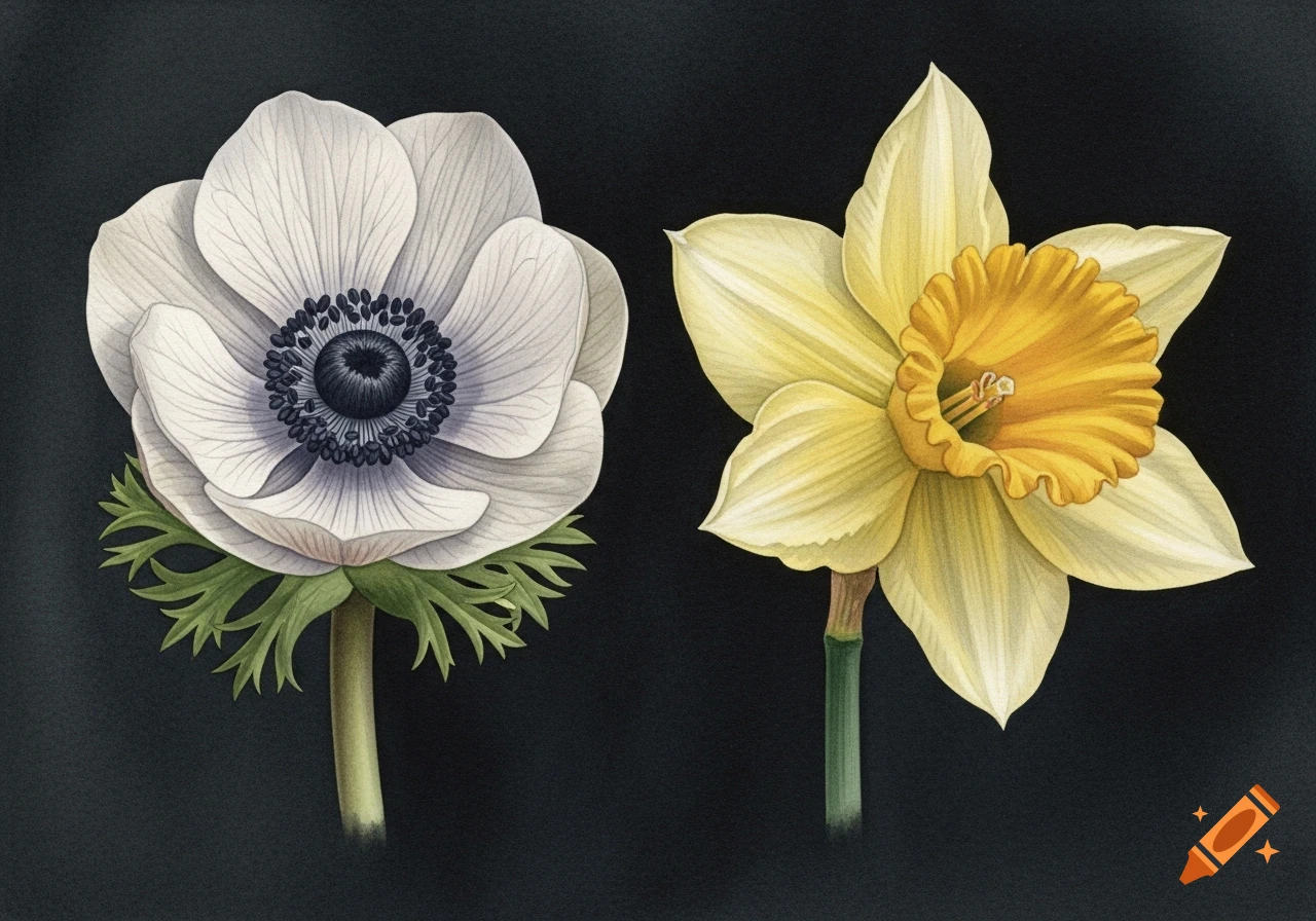 Two elegant botanical watercolor illustrations of a white anemone and a yellow daffodil on a dark background.