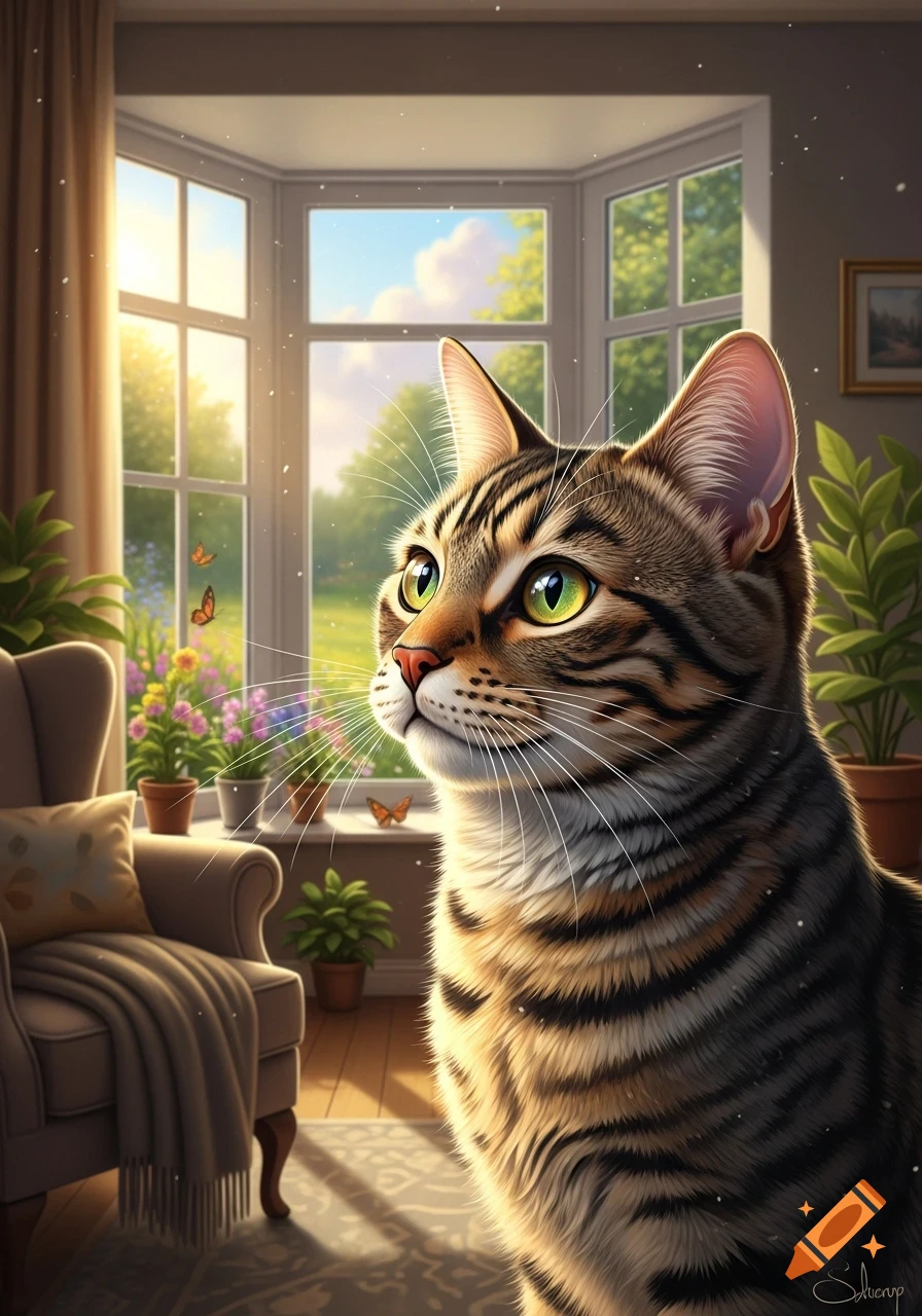 A tabby cat with bright green eyes looks out a bay window at a sunny garden with flowers and butterflies.