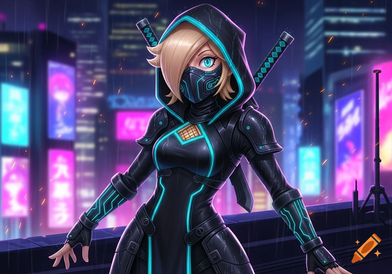 An anime-style blonde character in a black and teal cyberpunk ninja suit with katanas stands on a rainy rooftop against a neon city.