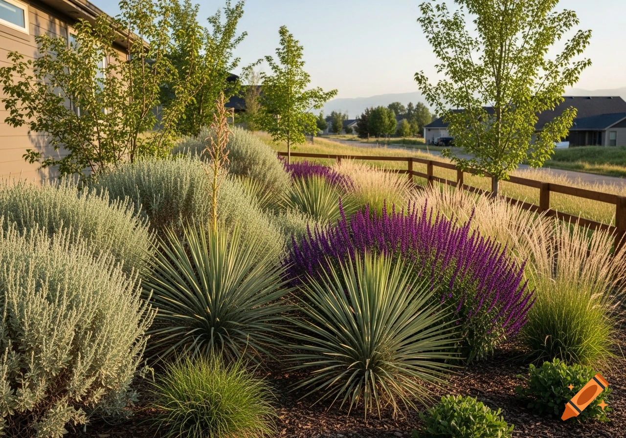 A vibrant drought-tolerant garden with various green and purple plants, including yucca, tall grasses, and flowering shrubs, next to a house and wooden fence.