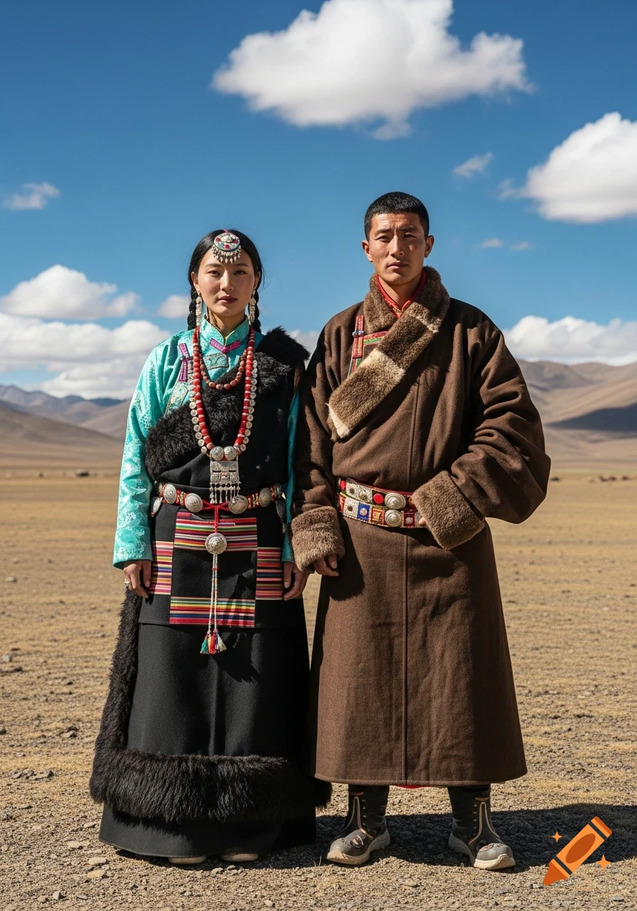 Two photorealistic Tibetan people in traditional clothing with elaborate accessories stand in a vast mountain landscape under a blue sky.